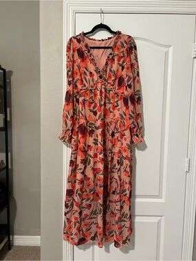 Peach Floral Tiered Long-Sleeve Maxi Dress
